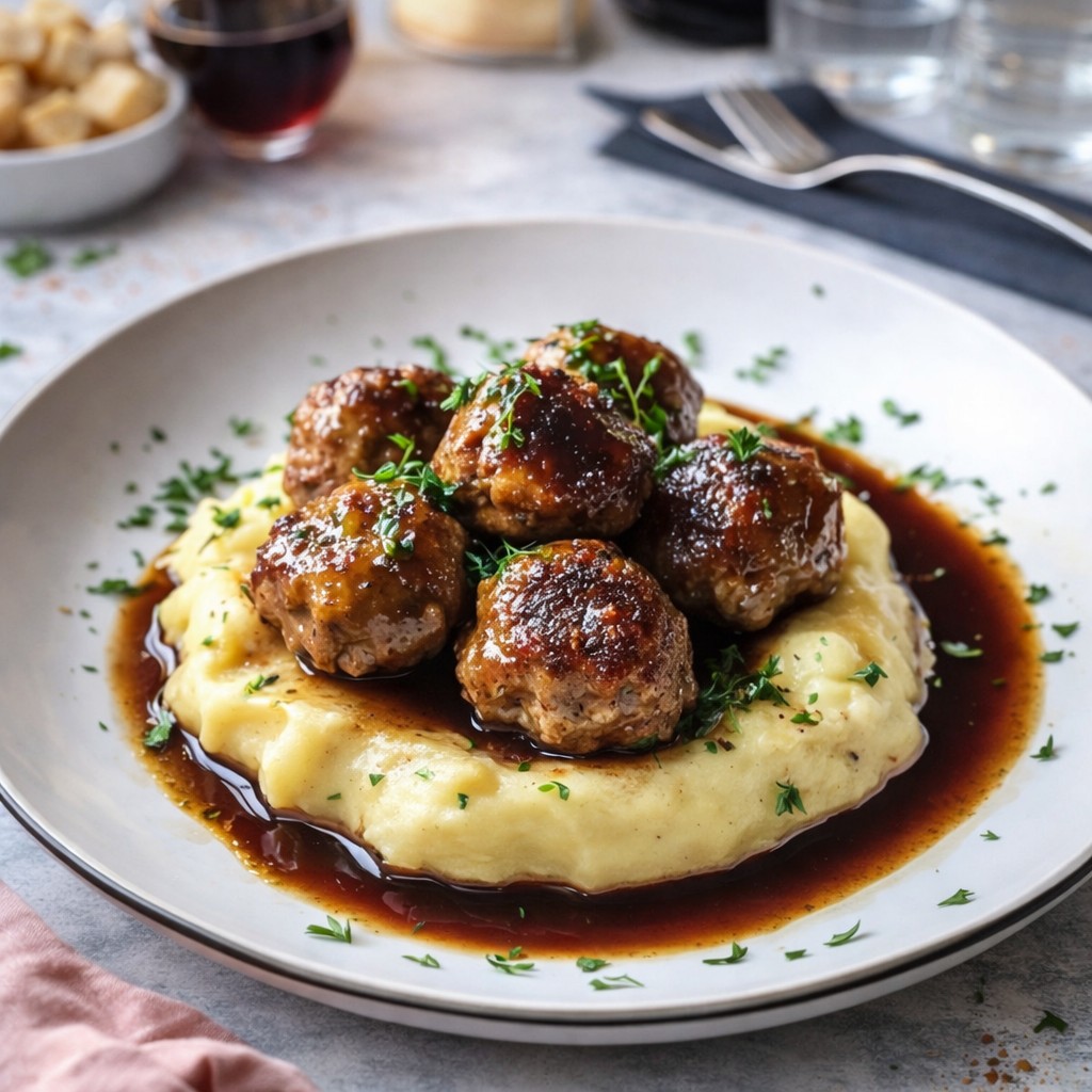 Pork Meatballs With Potato Mash And Bourbon Maple Sauce